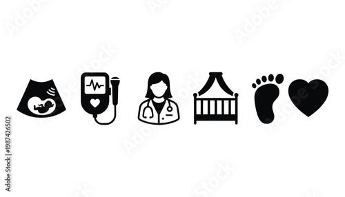 A set of black silhouette icons related to pregnancy and healthcare