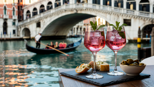Two Glasses of Pink Wine with Olives and Bread isolated on transparent background