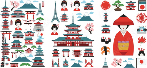 Japanese Culture Landmark and Travel Icon Set with Pagodas Torii Gates Geisha Sushi Mount Fuji and Traditional Symbols Collection for Tourism Design