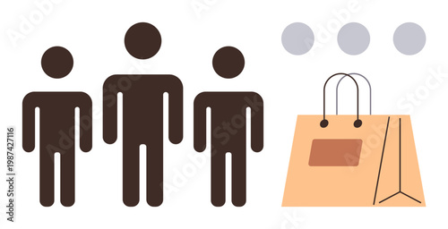 Consumer trends, retail shopping, teamwork, marketing strategies, group dynamics, e-commerce. Three people icons alongside a paper shopping bag. Consumer trends and retail shopping