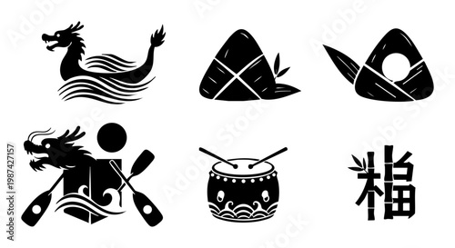 Minimalist black and white vector icons representing the traditional dragon boat festival