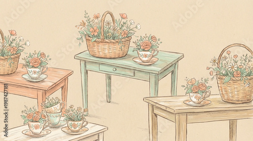 Vintage tables with tea sets.