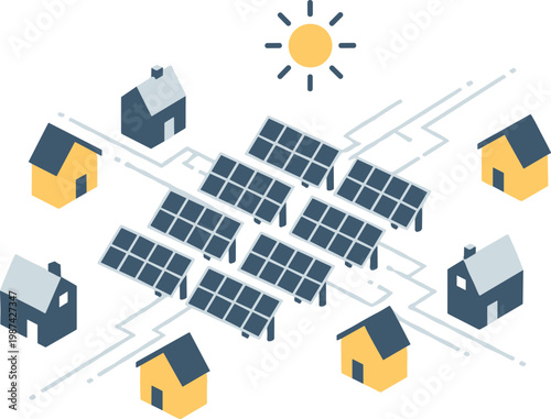 A solar panel system providing renewable energy to a neighborhood on transparent background