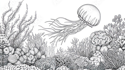 Detailed grayscale drawing of a jellyfish floating amidst a coral reef ecosystem