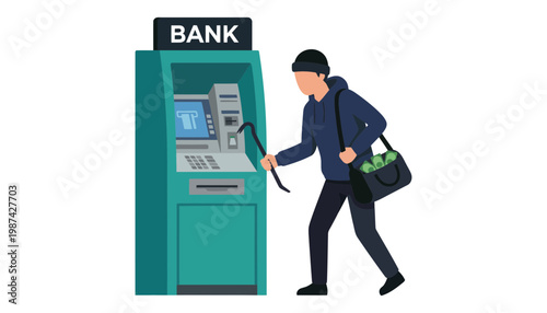 Thief in black clothes using tool at bank ATM machine