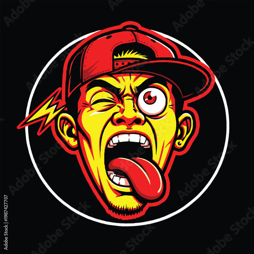 Minimalist logo of a Filipino screaming cartoon face, one eye popping out, tongue shocked, wearing a backwards cap, bold comic style, blood red and shock yellow on transparent background
