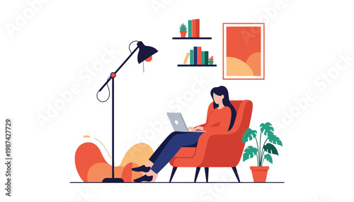 A woman sitting in an orange chair working on her laptop at home