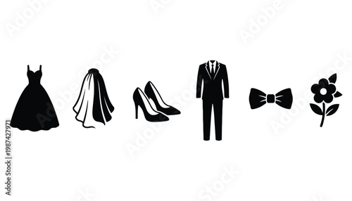 A wedding dress and suit icon set in black silhouette style
