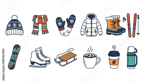 Winter sports icon set with various cold weather accessories and equipment