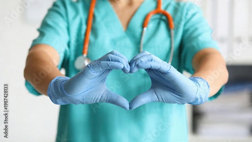 Doctor in medical uniform showing heart shape gesture with gloved hands, symbolizing care, compassion, patient support, trust and healthcare concept