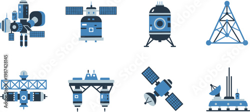 A collection of various spacecraft and satellite icons on transparent background