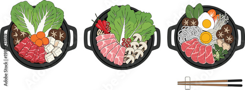 Japanese Hot Pot Meal Vector Set with Beef, Pork, Eggs, Vegetables, Mushrooms, and Tofu in Traditional Cooking Pots for Asian Cuisine Illustration