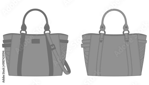 A gray handbag vector illustration with two views and a strap