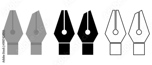 Fountain pen nib icon set vector illustration featuring minimalist flat design solid black and line art styles isolated on white for professional calligraphy creative writing and branding identity