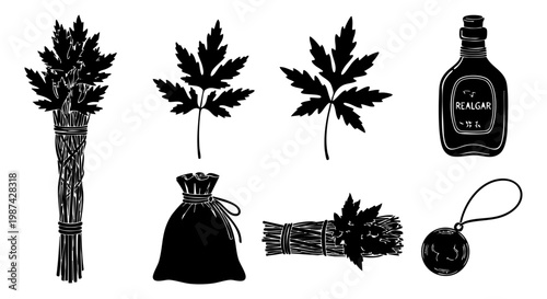 Traditional black silhouette icons of mugwort and herbal sachets for dragon boat festival