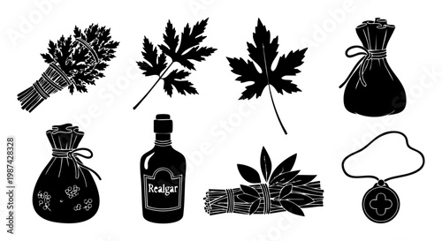 Black silhouette vector set of traditional dragon boat festival herbal medicine and lucky charm elements