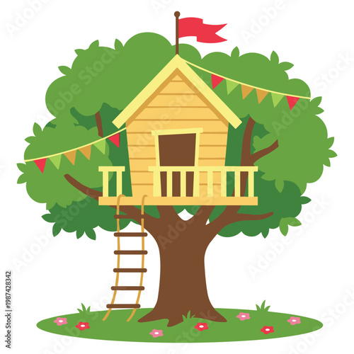 Treehouse with ladder, flag and colorful flags, in green nature.