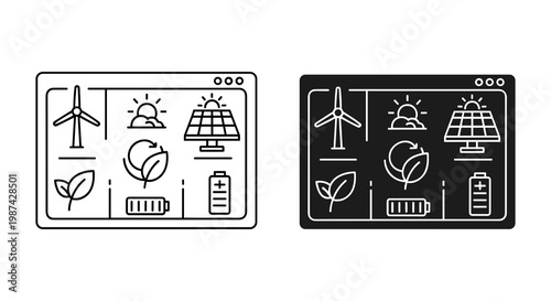 Eco friendly icons, sustainable energy symbols, green technology illustrations, renewable power graphics