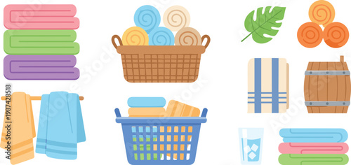 Laundry Towel Collection Illustration with Folded Towels, Laundry Basket, Hanging Cloth, Washing Accessories, and Clean Textile Items for Home, Bathroom, and Hygiene Design