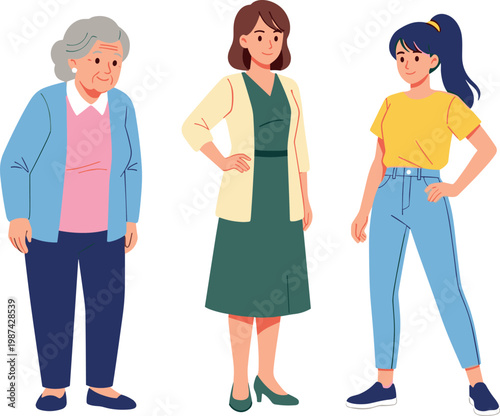 Three generations of women standing together on transparent background