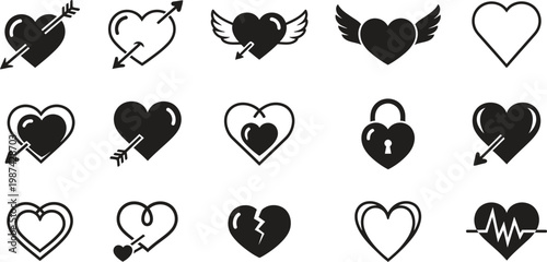 Black silhouette heart icons love romance and valentine's day symbolism in a collection