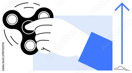 Stress relief, productivity, focus improvement, mental health, business growth, relaxation. Hand spinning a fidget spinner beside an upward arrow. Stress relief and focus improvement concept