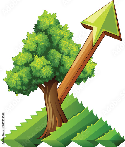 Green Growth Arrow with Leafy Tree Representing Reforestation Campaign and Woodland Recovery Isolated on Transparent Background for Reforestation Campaigns