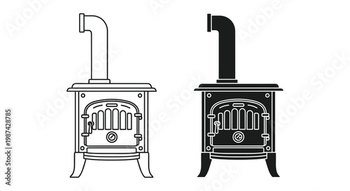 wood burning stove, fireplace icons, black and white, vector illustrations, home heating