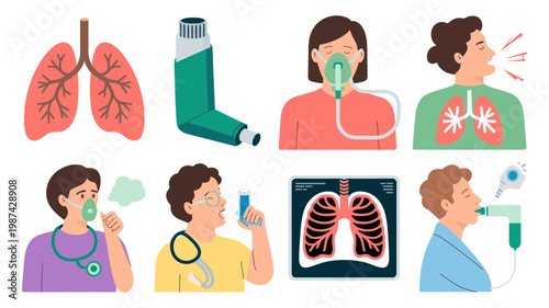 A comprehensive illustration set demonstrating symptoms and medical management of asthma and respiratory issues.