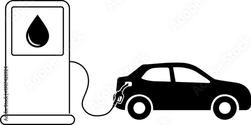 Car refueling fuel pump icon petrol gasoline diesel station symbols, vehicle filling dispenser icons, black silhouette and outline line style vector illustration for transport energy