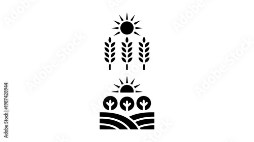 Two distinct black silhouettes symbolizing agricultural growth and sustainable farming under the sun.