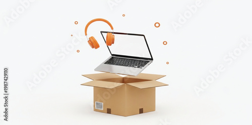 3D Illustration of a Laptop and Orange Headphones Floating Above an Open Cardboard Box for E-commerce Technology Delivery Shipping and Electronics Unboxing Concept Designs