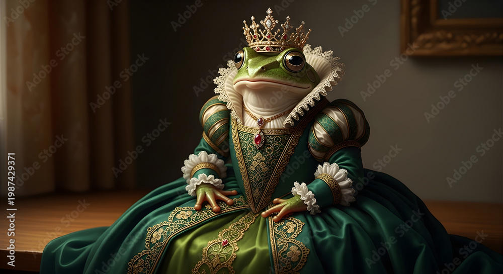 Fototapeta premium A regal frog queen wearing a golden crown and an ornate green velvet dress