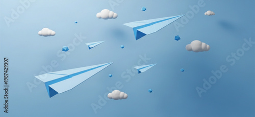 3D Paper Airplanes Flying in Blue Sky with Clouds Creative Freedom Communication and Startup Success Concept Background