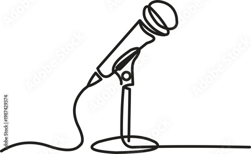 Continuous line drawing of a microphone on a stand isolated on white background