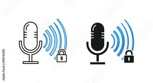 Microphone icons, podcast recording symbols, voice broadcasting graphics, security lock illustrations