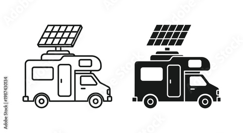 Solar powered camper van icons, RV with solar panel, eco friendly vehicle, camping transport