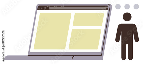 User interface, digital connectivity, online engagement, website accessibility, user experience, human-centered design. Laptop screen with person icon and thought bubbles. User interface and online