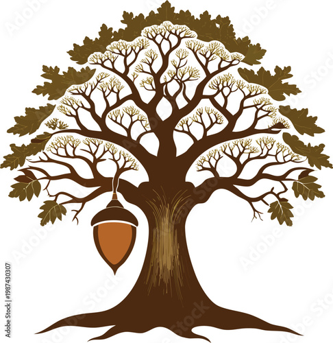Oak Tree with Acorn Representing Reforestation Campaign and Woodland Ecosystem Isolated on Transparent Background for Reforestation Campaigns