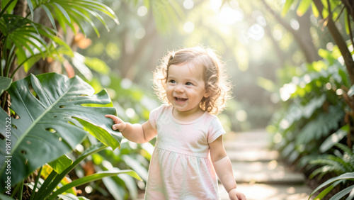 A cheerful toddler girl with curly light brown hair explores a sun-drenched botanical garden, gently touching a large tropical leaf. Soft diffused daylight filters through the canopy, creating a dream