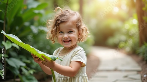 A cheerful toddler girl with curly light brown hair explores a sun-drenched botanical garden, gently touching a large tropical leaf. Soft diffused daylight filters through the canopy, creating a dream