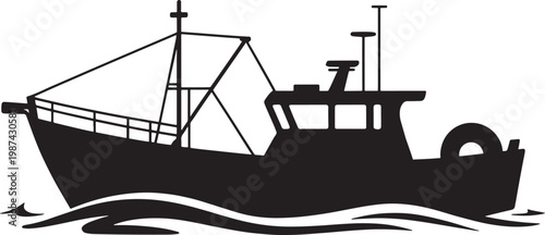 Fishing boat silhouette on water  maritime transportation