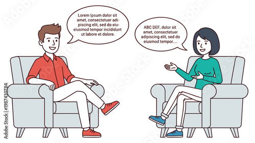 Line art style people chatting in armchairs with text speech bubbles.