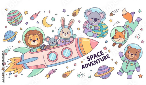 Cute Animals in Spacesuits Flying on Rocket Children Style Flat Vector Set