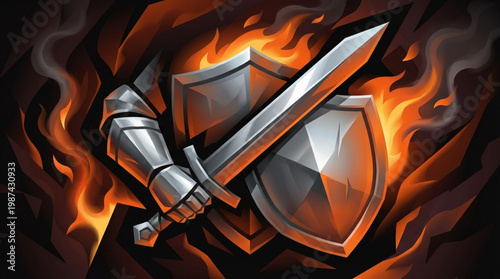 Medieval sword and armored fist holding shield.