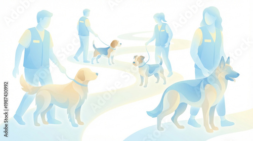 People walking dogs in the park.