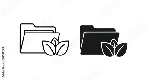 Eco friendly folder icons, leaf document symbols, black and white file organizer graphics
