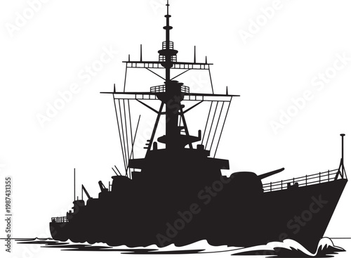 silhouette of a large warship sailing on water