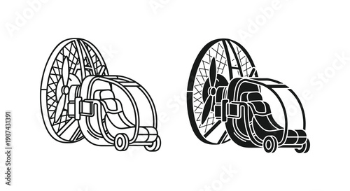 Industrial Cable Reels, Wire Spools, Vector Icons, Black and White Line Art