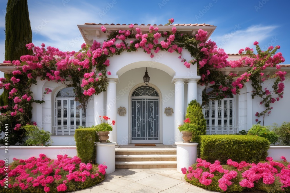 Fototapeta premium White stucco villa featuring an arched entryway with decorative iron doors and vibrant pink bougainvillea